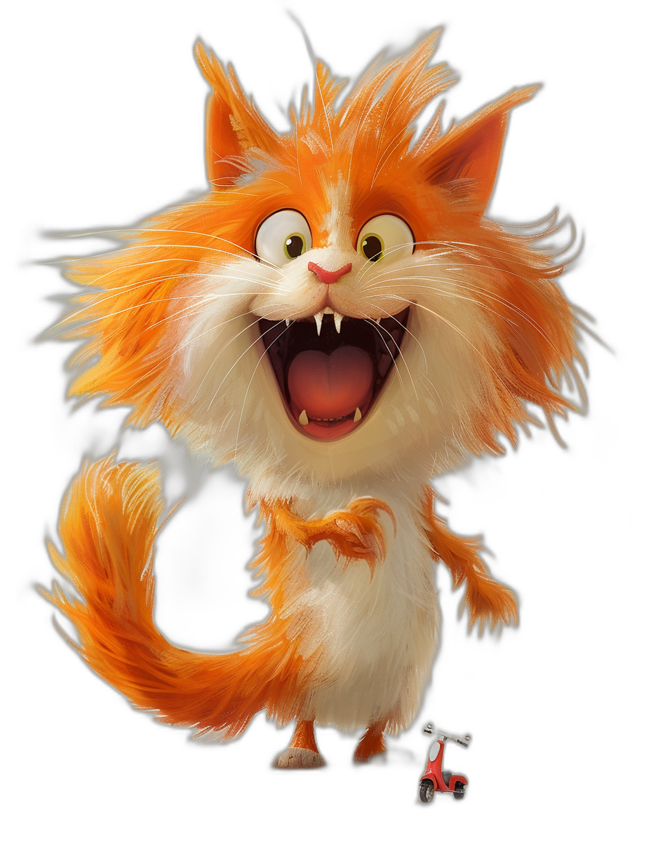 A happy orange and white fluffy cat character with big teeth, full body shot, concept art in the style of Pixar, cartoonish, black background, in the style of Pixar, artwork in the style of John Klassen, in Disney-style.