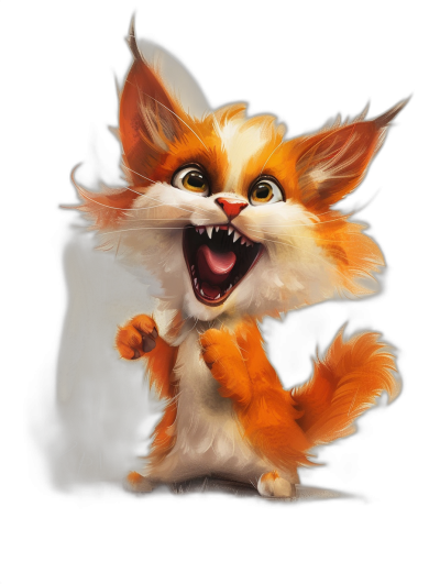 The character design of a cute, happy smiling orange and white cat with fangs on a black background in the style of Pixar and cgsociety concept art. The stylized character design is in the Pixar and cgsociety art style.