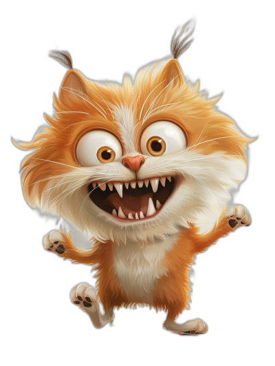 A cute cartoon cat with big eyes and sharp teeth, smiling and jumping in the air in the style of Pixar, black background, white fur, orange hair.