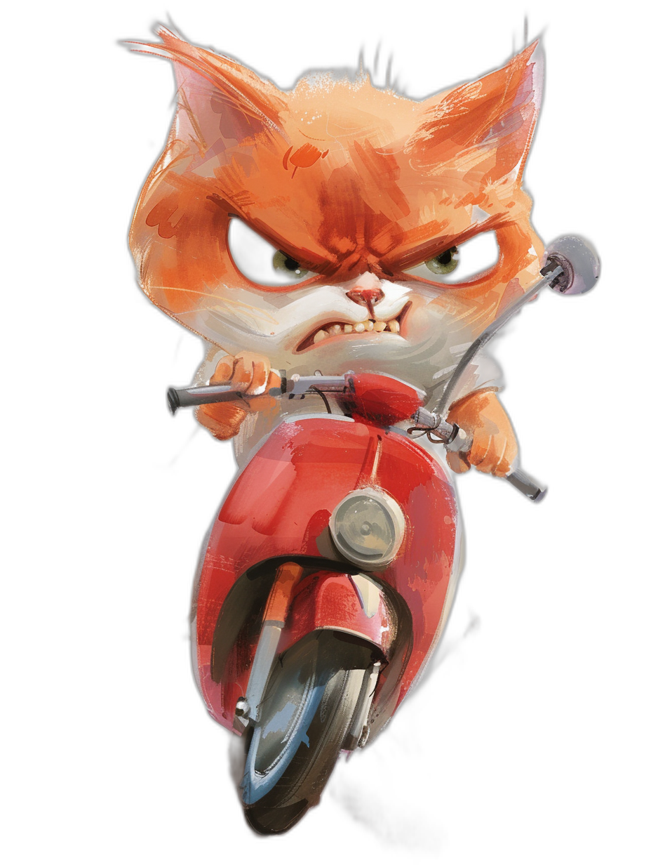 A cute red cat with an angry expression riding on a scooter, character concept in the style of [Simon Stalenhag](https://goo.gl/search?artist%20Simon%20Stalenhag) and [Goro Fujita](https://goo.gl/search?artist%20Goro%20Fujita), simple background, black background, full body portrait from head to toe.