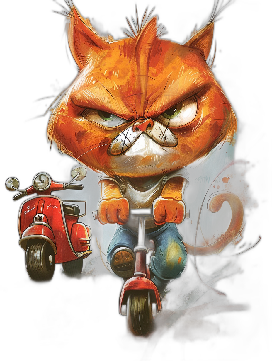 grumpy orange cat with angry face, riding red scooter in jeans and t-shirt in the style of [Tiago Hoisel](https://goo.gl/search?artist%20Tiago%20Hoisel), caricature-like, playful style, black background