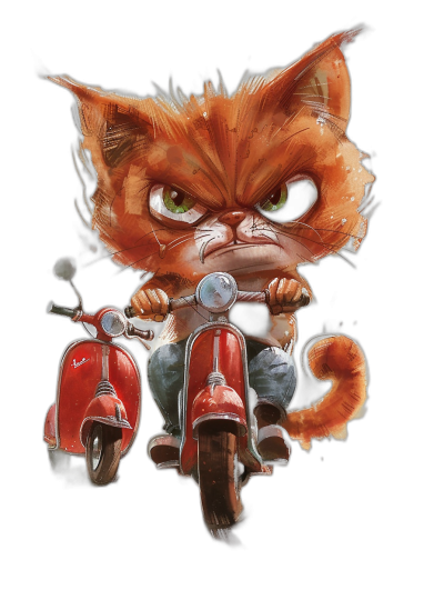 t-shirt design, cute cartoon cat riding a red vespa motorcycle with an angry expression on a black background, full body shot, detailed and sharp, no mockup frame, only inside color of the t shirt, high resolution