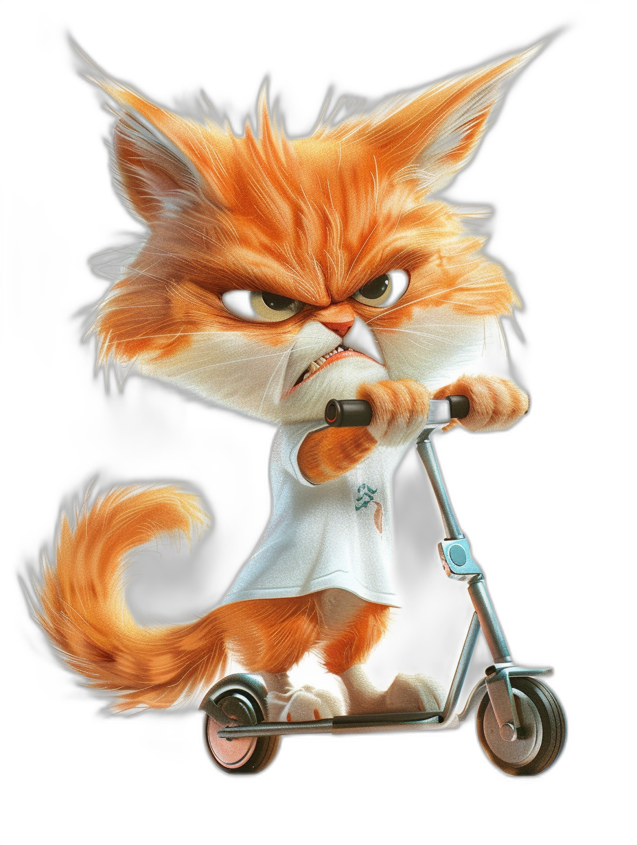 A cute orange cat with an angry expression, wearing white  and riding on a scooter against a black background. The cartoon style adopts the character design and perspective photography of Pixar studio movies, with exaggerated details and high definition picture quality in the style of Disney.