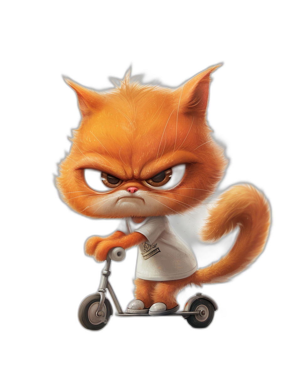 grumpy orange cat with an angry face, wearing a white t-shirt and riding a scooter, black background, chibi style character design, 3D render, cartoon, digital art in the style of Disney Pixar studio, cute and adorable