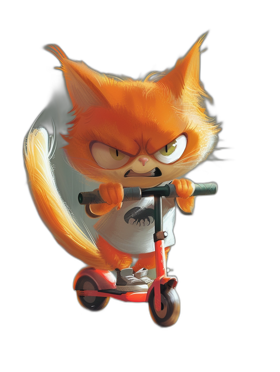 grumpy orange cat character in the style of [Tiago Hoisel](https://goo.gl/search?artist%20Tiago%20Hoisel), caricature-like, playful expression; riding an electric scooter on a black background; high key lighting