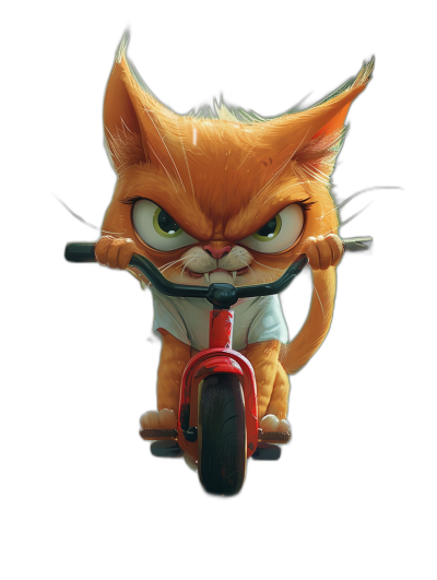 Cute orange cat character riding on a red scooter, with an angry facial expression, wearing a white t-shirt and black shorts with big eyes in the style of Pixar. Black background.