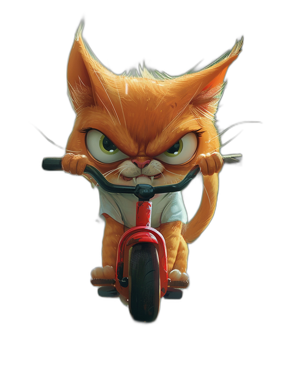 Cute orange cat character riding on a red scooter, with an angry facial expression, wearing a white t-shirt and black shorts with big eyes in the style of Pixar. Black background.