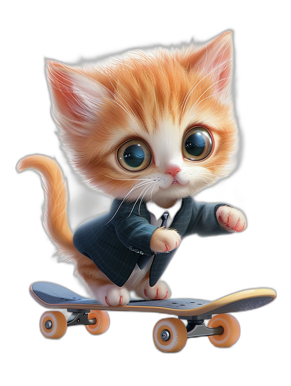 digital art of cute kitten , wear suit, skating on skateboard black background , big eyes , lovely and beautiful shape, adorable facial expressions