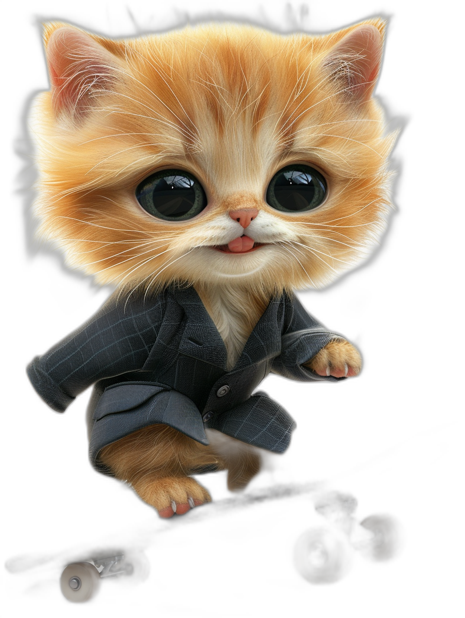 A cute ginger cat with big eyes wearing a suit and riding on a skateboard, black background, 3D render, digital art, in the style of chibi.