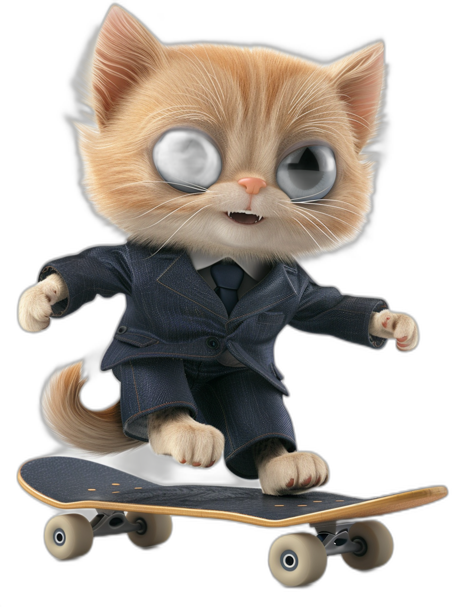 3D cartoon of an adorable kitten wearing business attire, riding on top of a skateboard with a black background. The cat has large eyes and is looking at the camera.