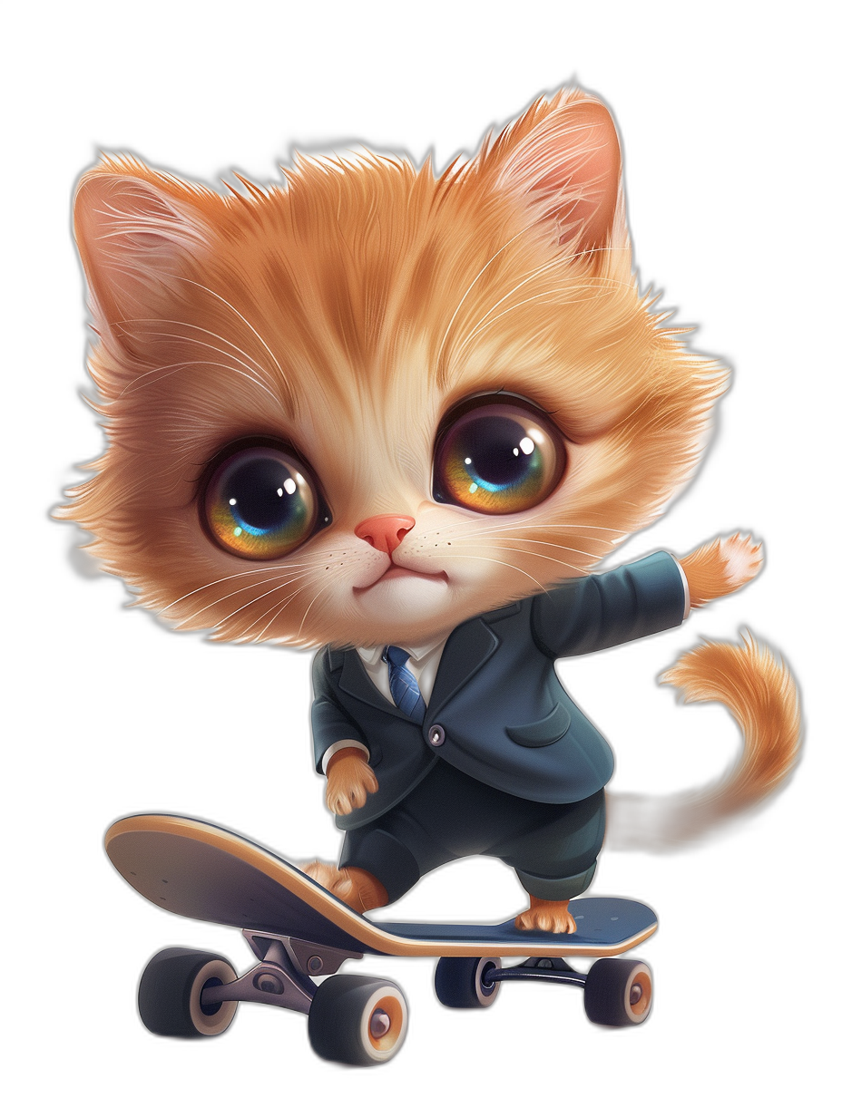 Cute cartoon cat in suit riding on skateboard, black background, big eyes, chibi style, digital art by Disney Pixar studio, adorable, high resolution, sharp details, cute colors, professional photography, hyper realistic