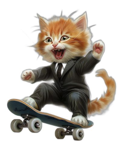 digital art of a cute happy kitten in a suit, riding on a skateboard with a black background, with epic detail and texture, in the style of a sticker