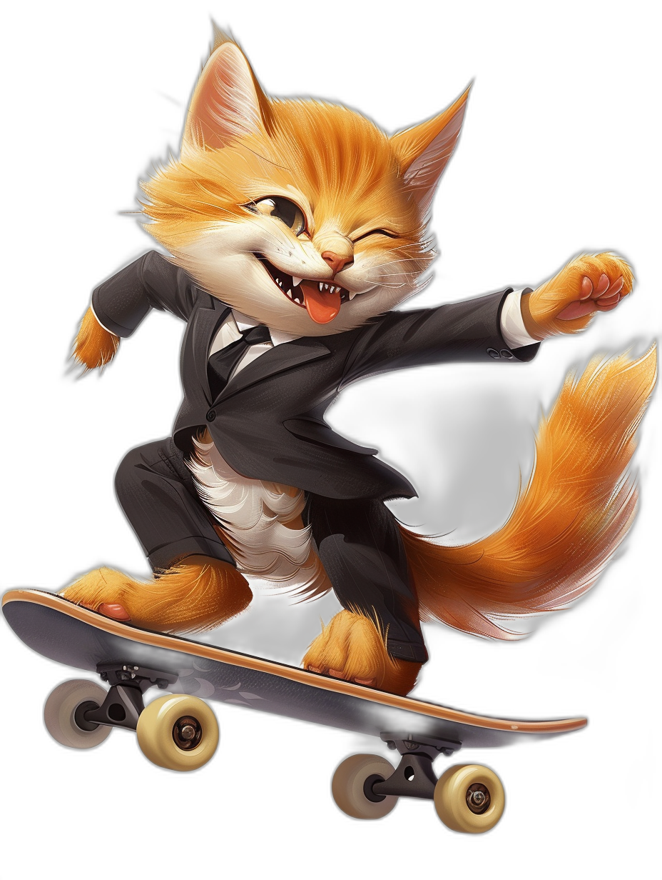 A smiling ginger cat in a suit, riding on a skateboard, vector illustration, black background, 2D game art style, cartoon realism, caricature faces, dynamic character pose, high resolution.