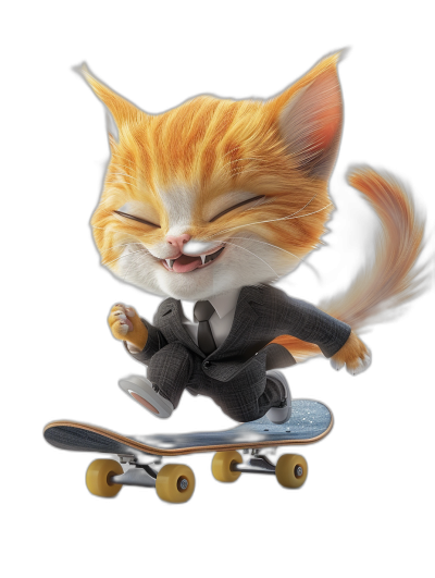 A cute, happy smiling cat is riding a skateboard in the style of 3d character, with a black background. The high resolution digital art has maximum quality and advanced details.