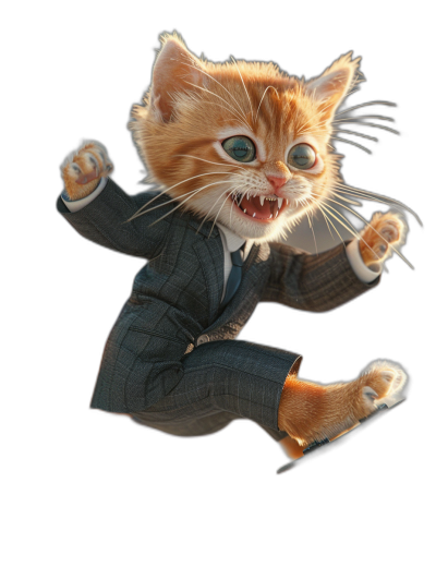 3D render of a cute ginger cat in a suit, striking a flying kick pose on a black background, with sharp teeth, big eyes, and cute fangs, rendered in Octane with Pixar style lighting and composition, at high resolution and with high details and sharp focus.