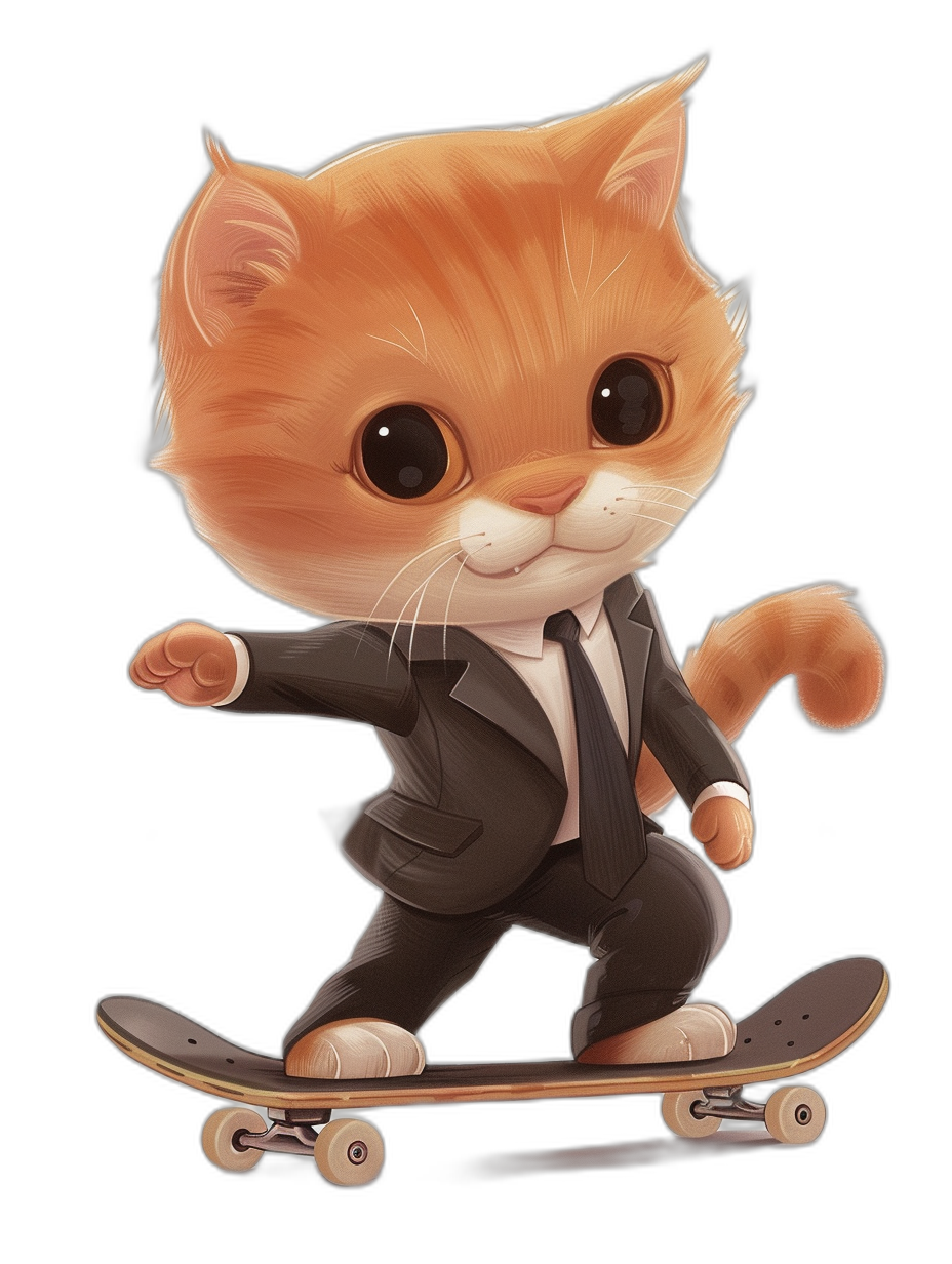 A cute chibi ginger cat in a suit, riding on a skateboard with a black background, in the style of a t-shirt design, with high resolution vector graphics and high detail, resembling 2D game art, depicting a cute cartoon character in the style of a digital painting with a white color.