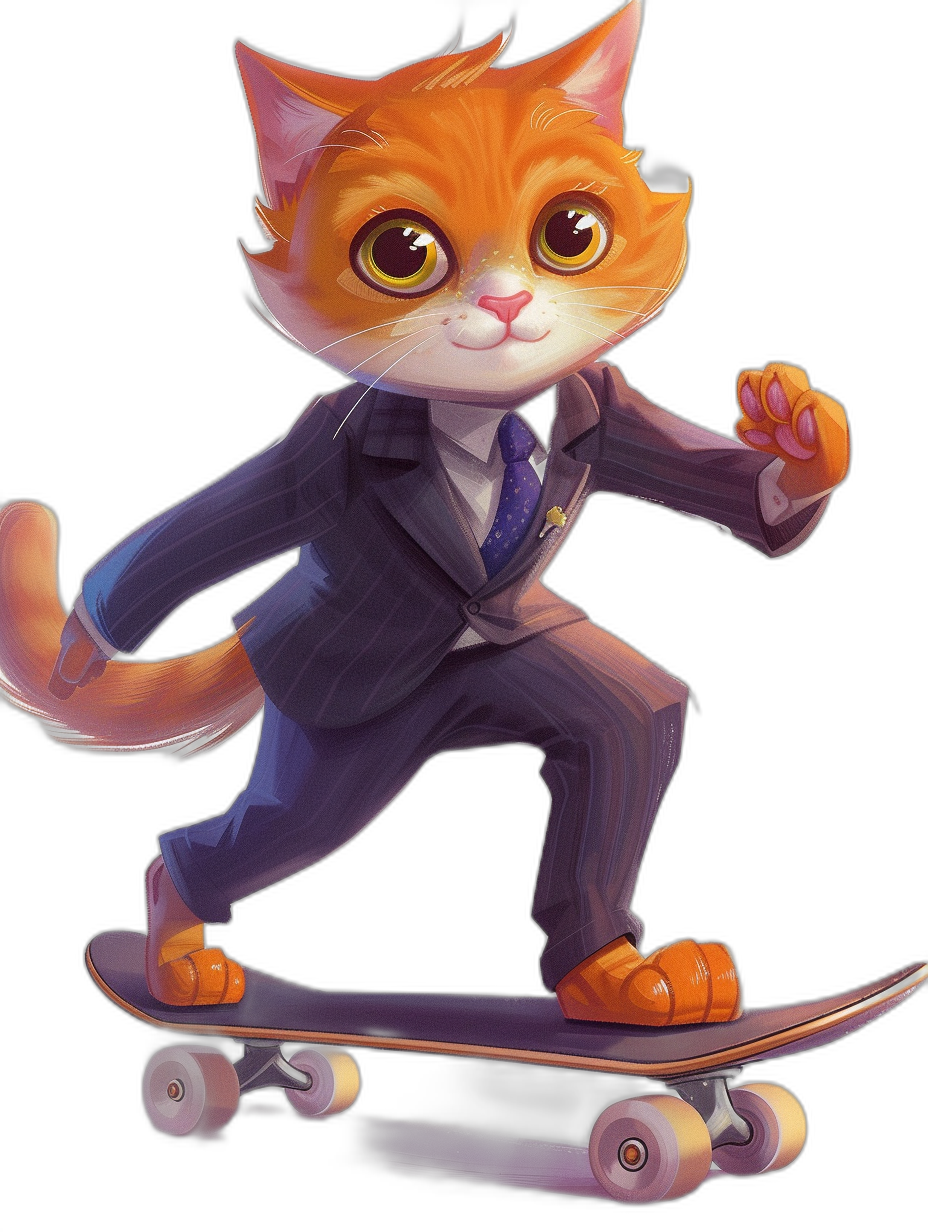 Character design of an orange cat in a suit, riding on a skateboard, black background, concept art in the style of Pixar and Disney, digital painting and drawing