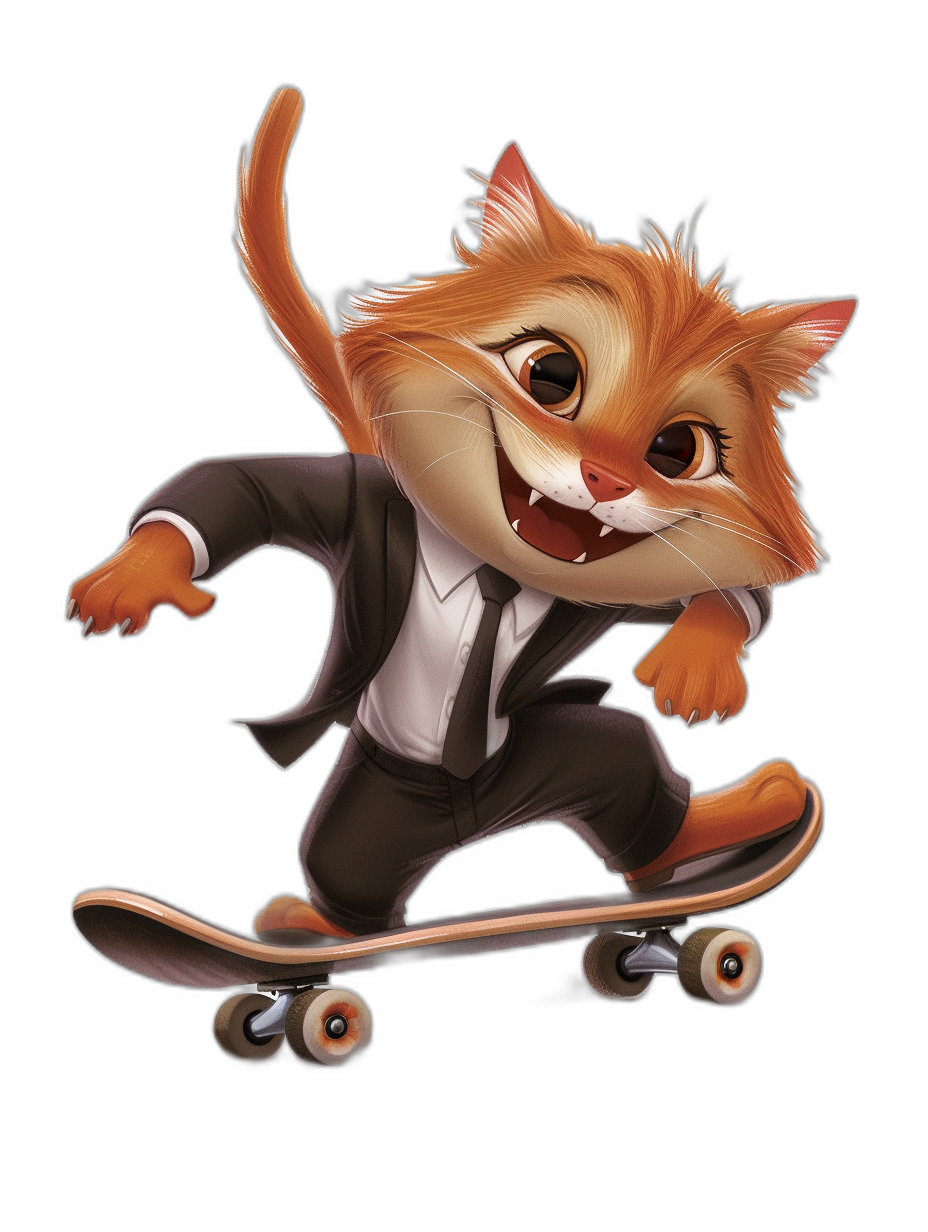 A cute orange cat in a suit, riding on a skateboard, with a smiling expression, in the style of cartoon style, on a black background, with a Disney Pixar animation character design.