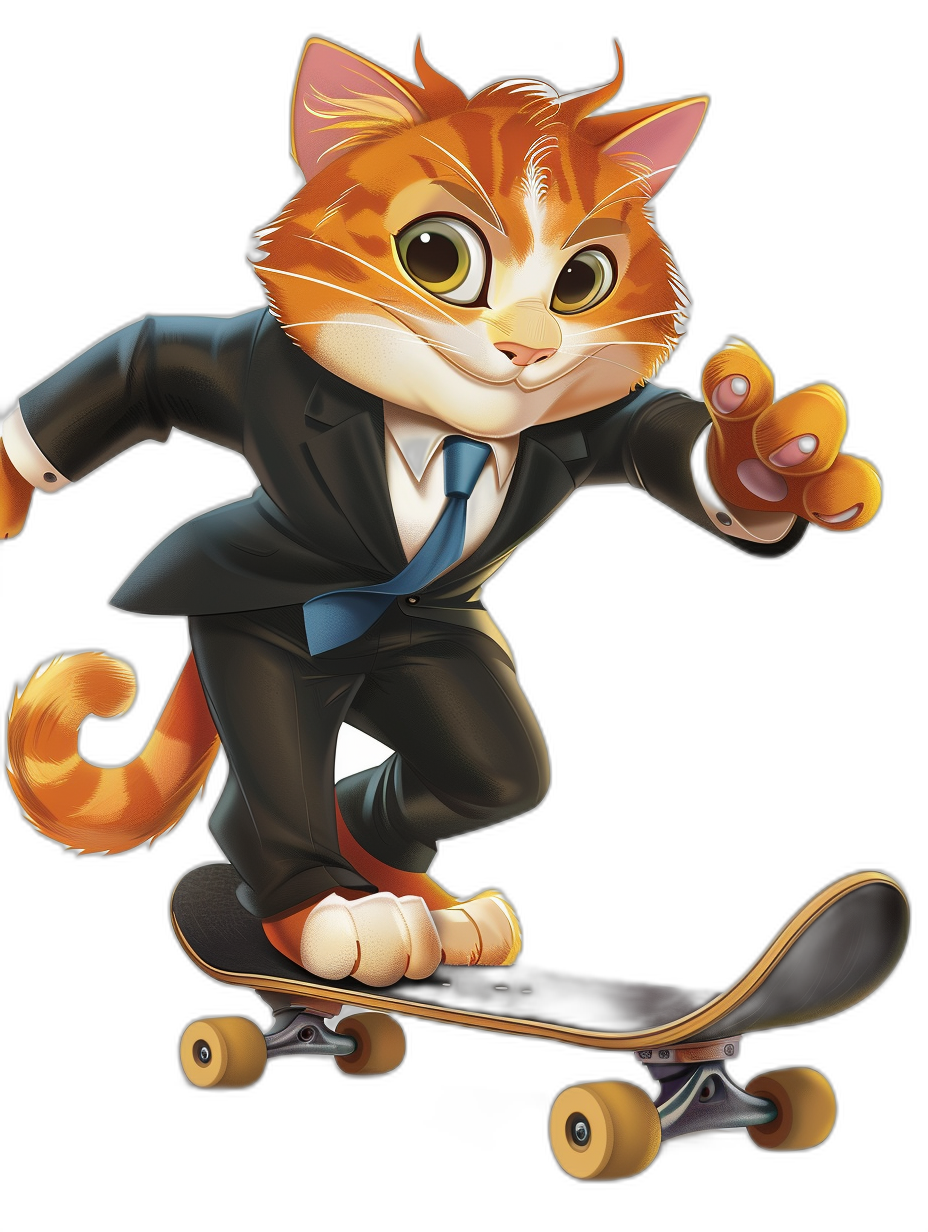 A cartoon cat in business attire, riding on a skateboard with his two paws, full body shot against a black background, in the style of 2D game art, in the style of Disney animation, vibrant caricatures, graffiti-inspired illustrations featuring bold and lively colors, charming character design.