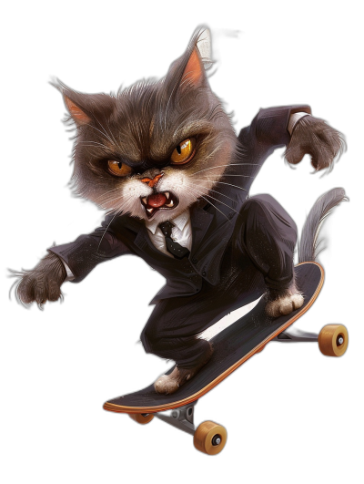 A cat in a suit, with an angry face and fangs, is riding on a skateboard. In the style of [Tiago Hoisel](https://goo.gl/search?artist%20Tiago%20Hoisel), with a cartoon style that is caricature-like and playful, against a black background.