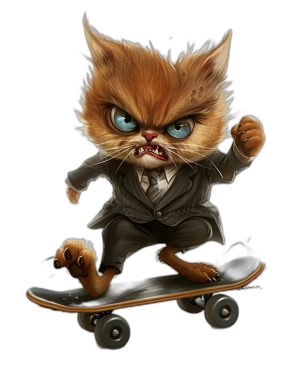 A cute, angry cat in a suit riding on a skateboard in the style of [Tiago Hoisel](https://goo.gl/search?artist%20Tiago%20Hoisel), in a caricature-like, playful caricature style on a black background