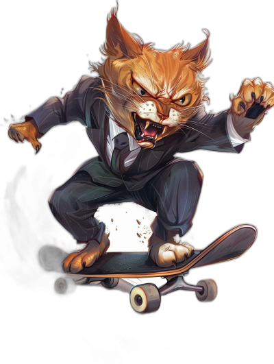 A realistic and full-body portrait of an angry ginger cat in a business suit, on a skateboard, with sharp teeth showing, against an isolated black background, in the style of [Studio Ghibli](https://goo.gl/search?artist%20Studio%20Ghibli) and [Makoto Shinkai](https://goo.gl/search?artist%20Makoto%20Shinkai) animations.