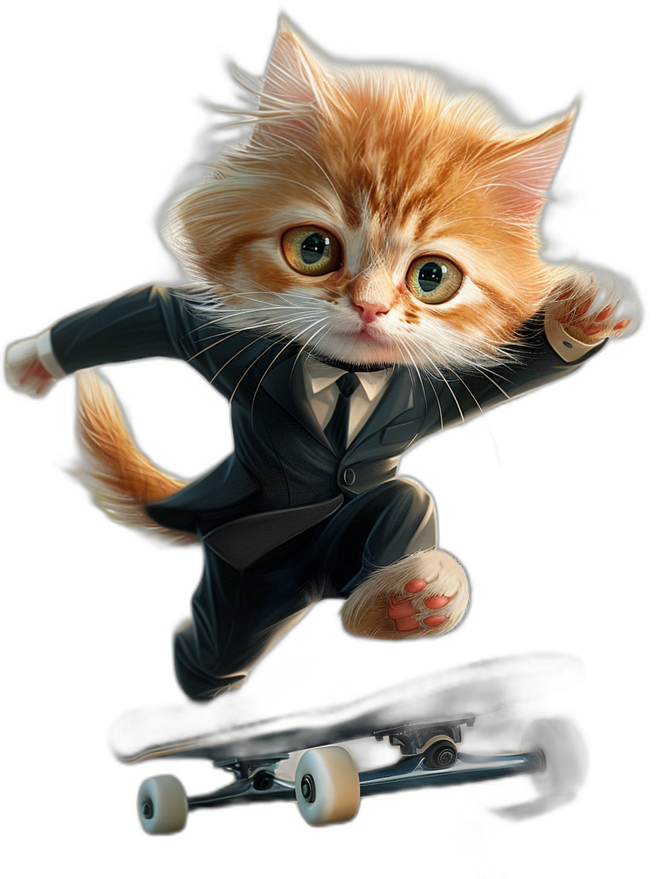 digital art of cute kitten , wear suit, doing skateboarding motion with black background, black shirt and white tie, cool expression, light orange hair, cartoon style, high quality render, high resolution