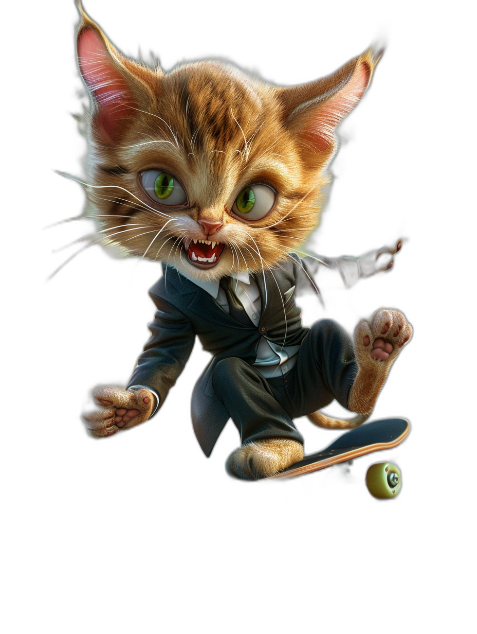 hyper realistic cartoon of an angry ginger cat in suit, riding on skateboard, black background, green eyes, sharp teeth