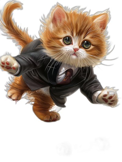 A cute orange cat wearing a black suit, flying in the air with sharp eyes and a wide-angle lens, in the style of anime, on a pure black background, a high definition wallpaper, a cute cartoon character illustration, black leather shoes, white paws, in .