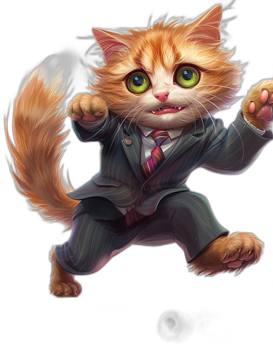 Illustration of a cute ginger cat in a suit, with green eyes and big ears jumping, against a black background, showing its full body, in the style of League of Legends game art.