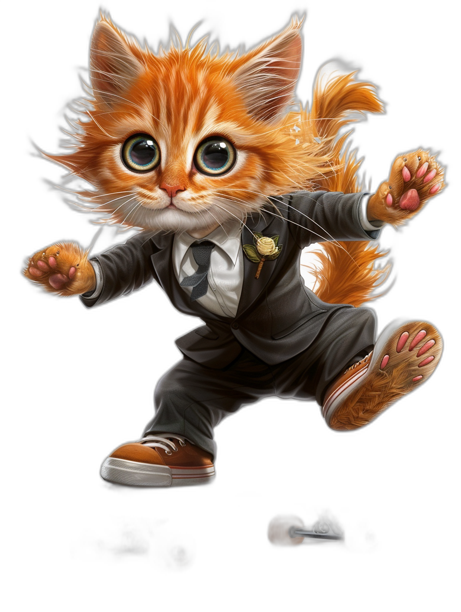 digital art of cute kitten in suit , dancing kungfu with big eyes and long tail, black background , fluffy hair , wearing shoes