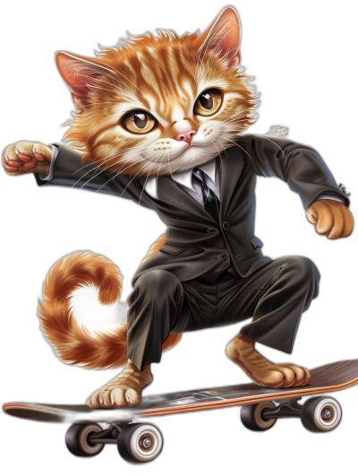 A ginger cat in a suit riding on a skateboard, vector art in the style of [Kawacy](https://goo.gl/search?artist%20Kawacy), t-shirt design graphic, ultra detailed, high resolution, no background, full body portrait