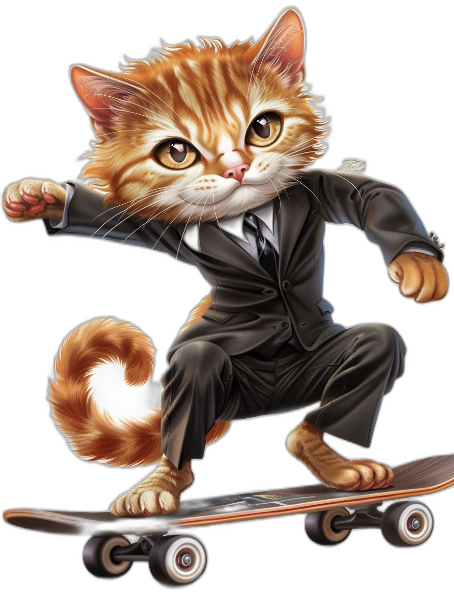 A ginger cat in a suit riding on a skateboard, vector art in the style of [Kawacy](https://goo.gl/search?artist%20Kawacy), t-shirt design graphic, ultra detailed, high resolution, no background, full body portrait