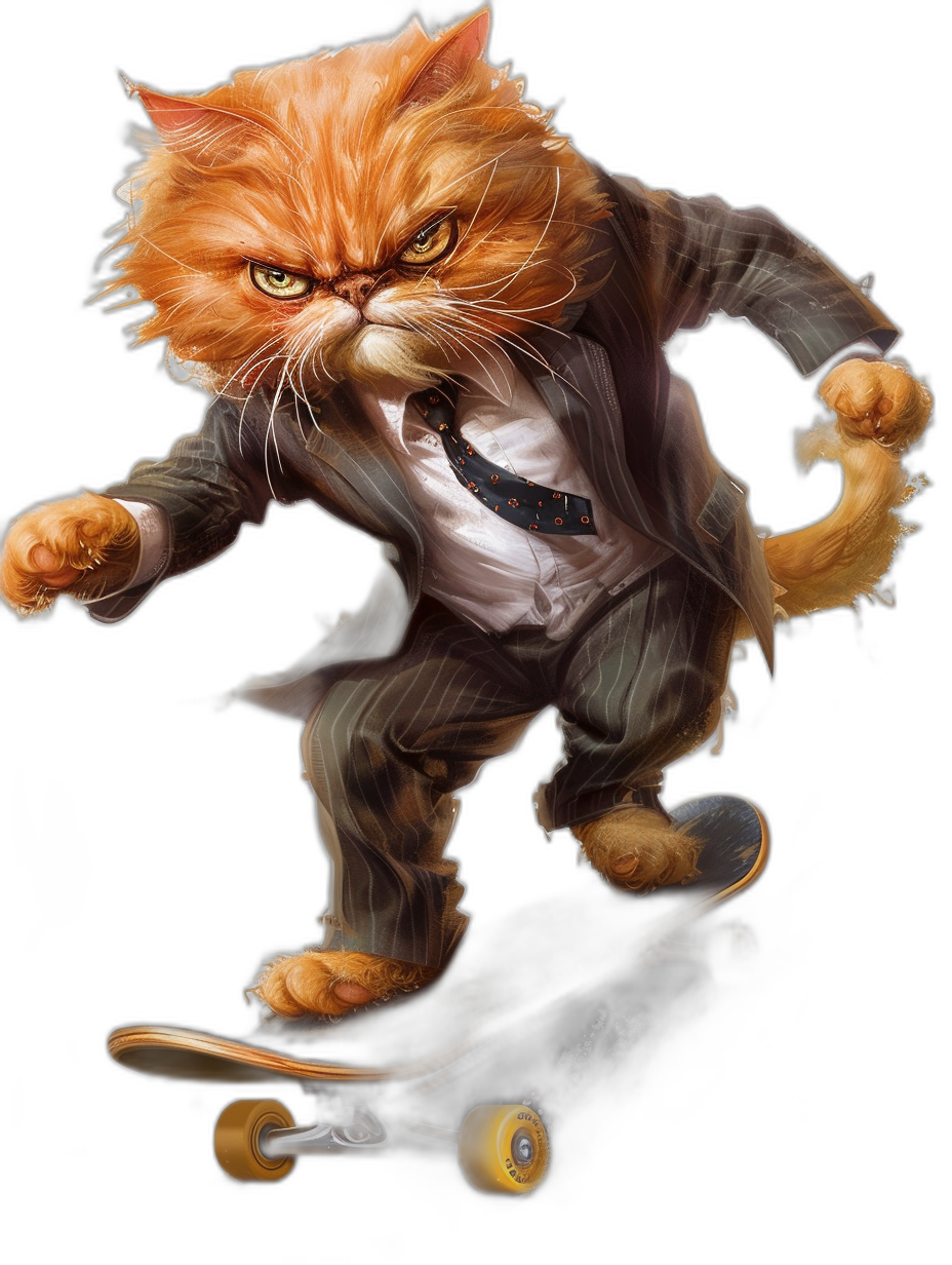 realistic digital illustration of an angry ginger cat in suit and tie, riding on skateboard, black background, full body portrait view