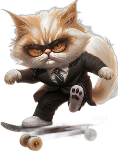 digital art of cute and fat cat , wearing white suit with tie, black glasses and sport shoes, riding on skateboard , plain background , fluffy long hair