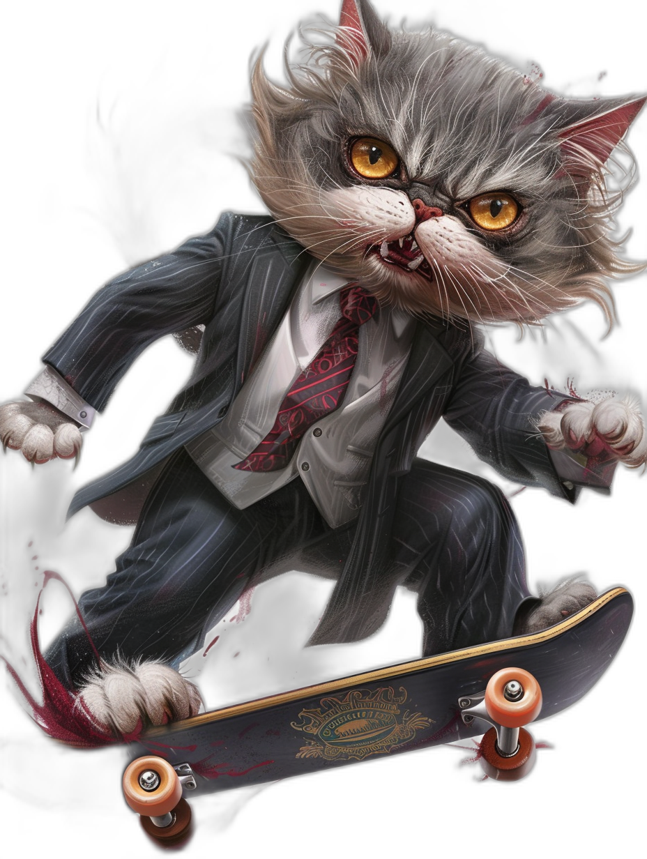 A cat in a suit and tie riding on top of a skateboard, detailed character illustrations, dark background, hyper-realistic, high resolution, very detailed, dynamic composition, punk style, in the style of [Tim Shumate](https://goo.gl/search?artist%20Tim%20Shumate), in the style of [Steve Dillon](https://goo.gl/search?artist%20Steve%20Dillon), black background