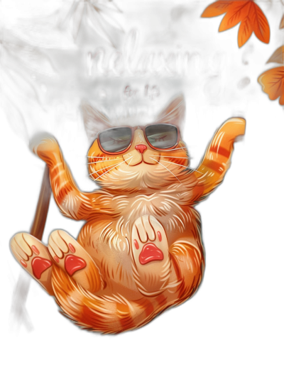 digital art of cool fat orange cat, the title "relax for life" above it, wearing sunglasses and doing yoga with one leg up on dark background with some autumn leaves, cartoon style