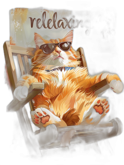 digital art of an orange cat wearing sunglasses , the ginger Cat is sitting in lawn chair at resort, text above says "relaxing" black background tshirt design