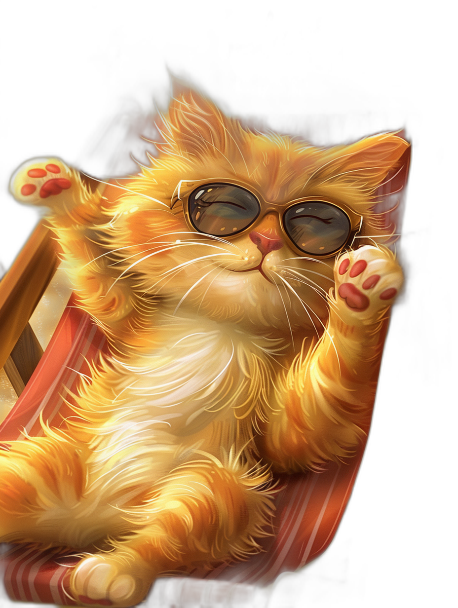 digital art of cute and fat orange cat , wear sunglasses, sitting on the deck chair with one leg up , wearing red tshirt black background , pastel color scheme , chill smile , soft hair in air