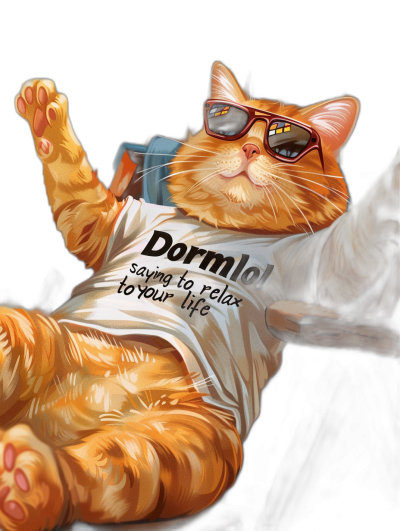 digital art of an orange cat wearing sunglasses and a white t-shirt with the words "DormloL relax to your life", laying on its back in a relaxing pose on a black background, digital illustration in the style of a dnd character