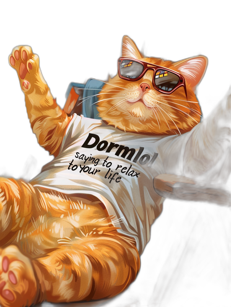 digital art of an orange cat wearing sunglasses and a white t-shirt with the words “DormloL relax to your life”, laying on its back in a relaxing pose on a black background, digital illustration in the style of a dnd character