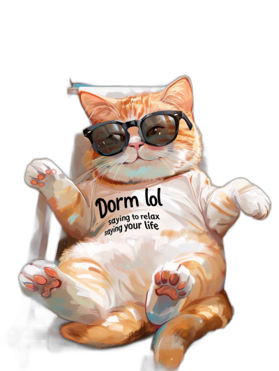 digital art of fat orange cat wearing sunglasses , sitting on the chair with tshirt that says "Dorm latex is saying to relax your life", black background, cute and funny