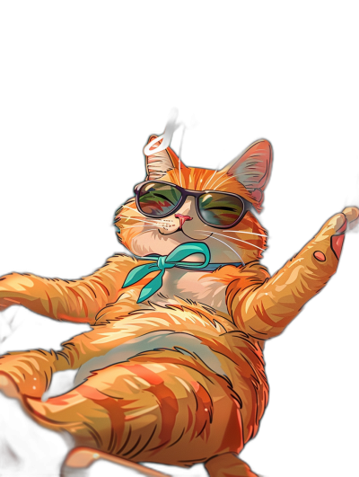 digital art of cool fat orange cat , wearing sunglasses and blue tie, chill out pose with hand up on black background, minimal style , bright color scheme, high contrast , digital illustration in the style of [Greg Hildebrandt](https://goo.gl/search?artist%20Greg%20Hildebrandt)