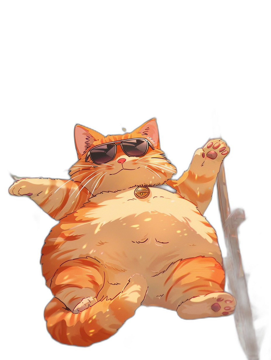 A cute orange fat cat wearing sunglasses, lying on the floor and holding a wooden stick up in the air, in a full body shot with a black background, in the style of Ghibli, anime illustration.