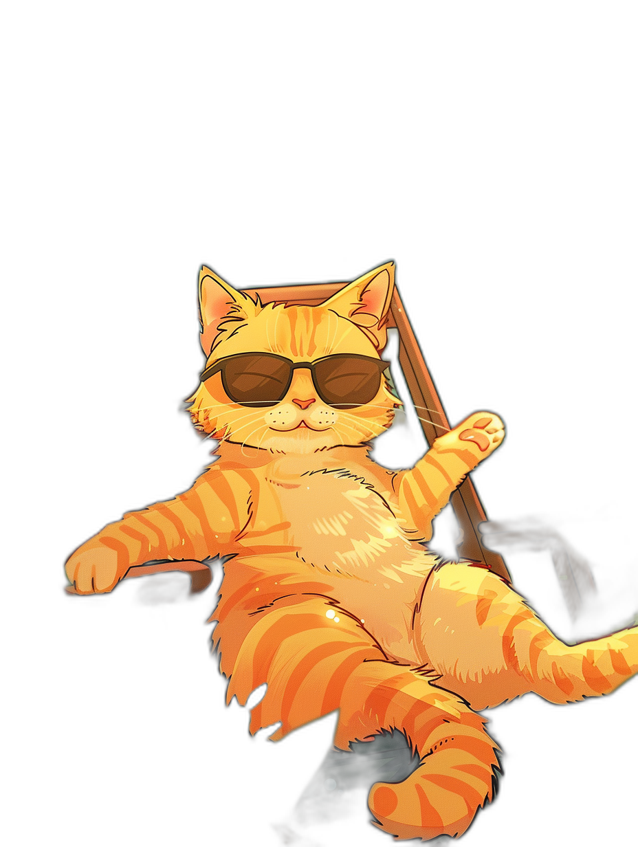 digital art of a cute and fat orange cat, wearing sunglasses, sitting on a chair in a black background, minimalism, a chill happy expression, a chilling happy smile, yellow fur with dark stripes, full body, front view, in the style of anime.