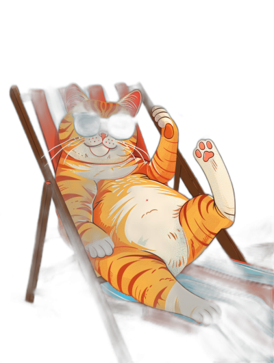 A fat orange and white cat is lying on a beach chair wearing sunglasses in the style of a cartoon, on a black background, in the style of colorful paper cutout art with a 3D effect, shown from the front view and side perspective, holding up its paw to waves in the sea with a smiling expression as a cute cat character in a full body portrait with warm light shining from above.