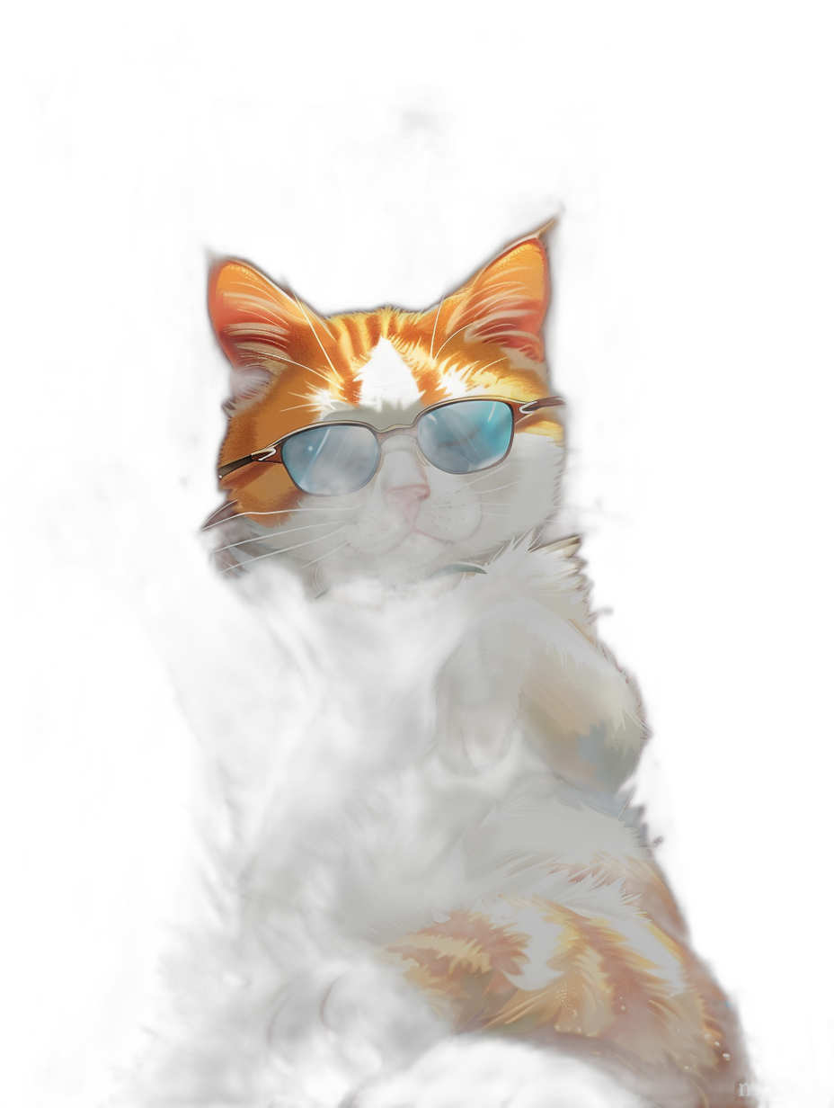 A digital painting of an orange and white cat wearing blue sunglasses, sitting on a black background, a full body portrait, cute and adorable with cinematic lighting, in the style of concept art.