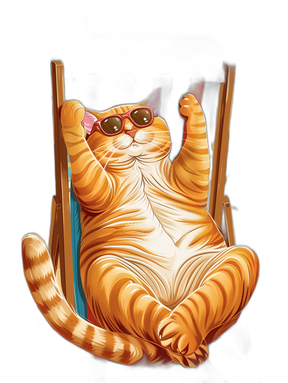 A realistic happy orange fat cat with sunglasses, sitting in a beach chair, doing yoga arms in the style of carnival, in the style of cartoon, ultra detailed illustrations, isolated on a black background