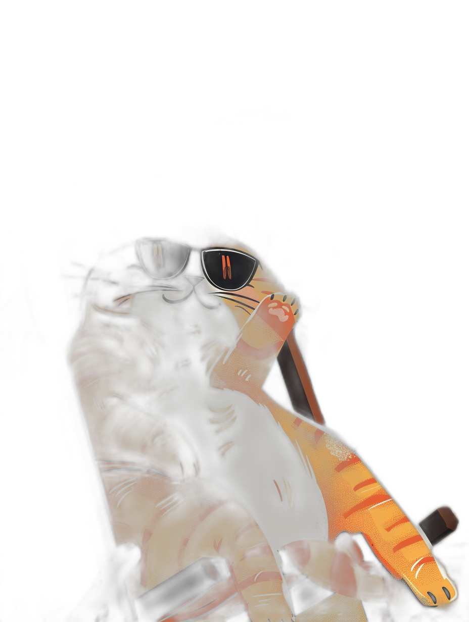 digital art of a cool fat cat, wearing sunglasses, sitting on a chair with a red wine glass in hand, black background, minimal style and simple brushstrokes, chill vibe, dark orange and light amber colors, full body shot, cartoon scene, low angle view.