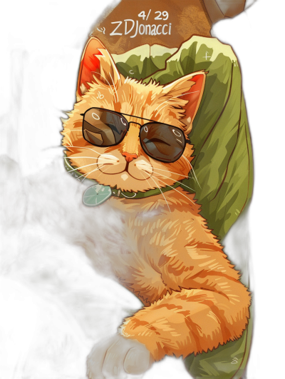 A digital illustration of an orange cat wearing sunglasses, sitting on the shoulder of the "ZD jane expresi l/29" character in a cartoon style. The background is dark green and black. The artwork has a cute and playful feel with bright colors and detailed textures for each element.